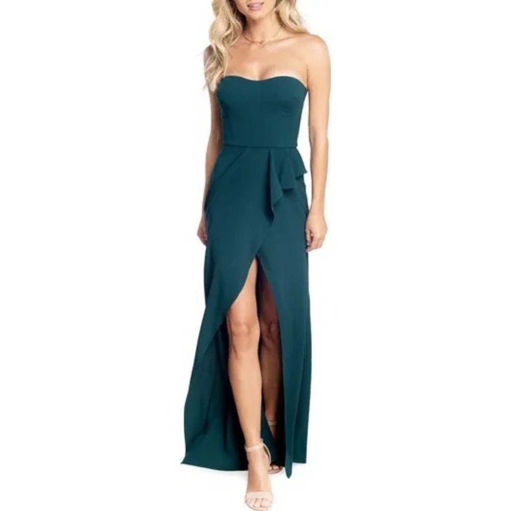 Dress The Population Pine Green Strapless Ruffle Slit Maxi Gown Size XS NEW